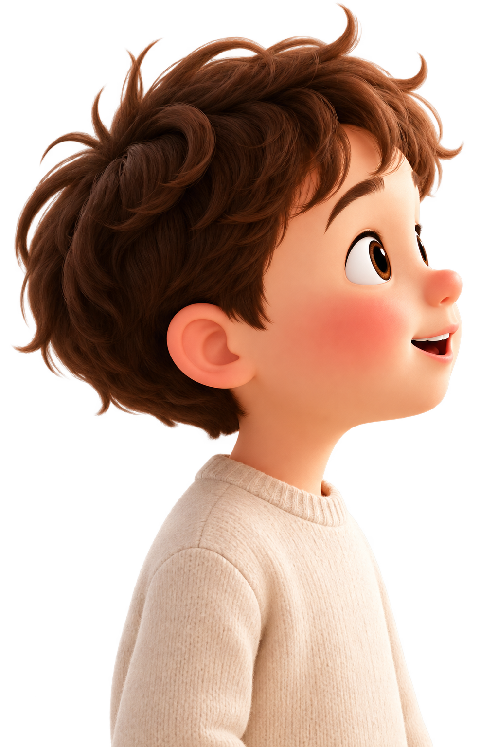 Child looking up, mid-conversation
