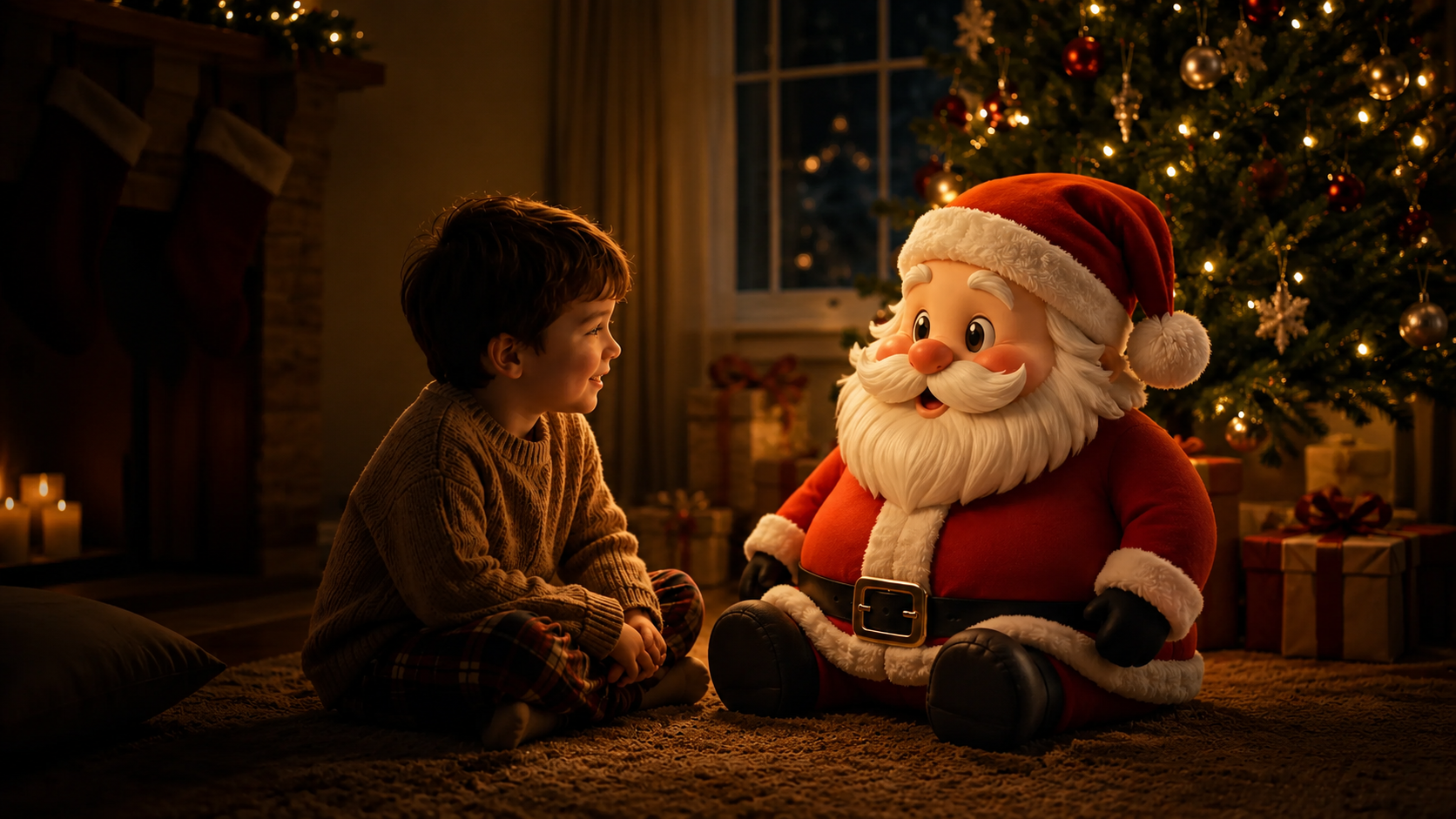 Child sitting with Talking Santa by the Christmas tree